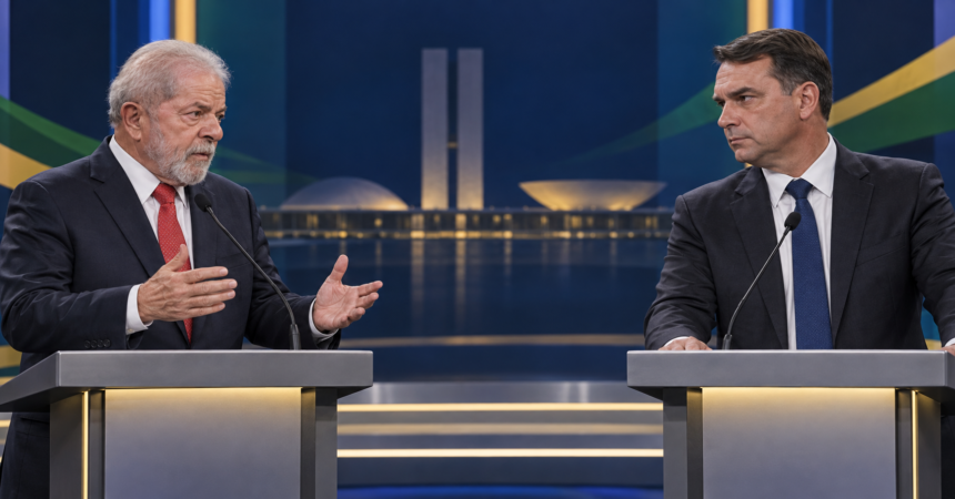 Editorial illustration of Lula and Flávio Bolsonaro facing each other at debate lecterns.