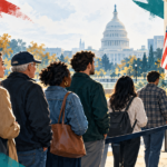 Editorial illustration of American voters waiting at a polling place, with the U.S. Capitol in the background.