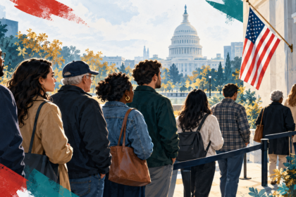 Editorial illustration of American voters waiting at a polling place, with the U.S. Capitol in the background.