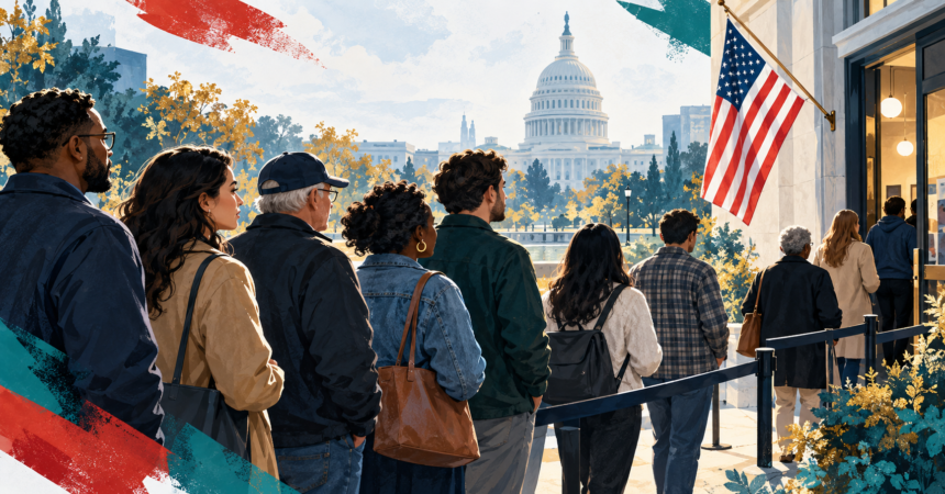 Editorial illustration of American voters waiting at a polling place, with the U.S. Capitol in the background.
