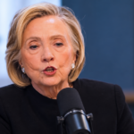 AI-generated illustration of Hillary Clinton speaking into a podcast microphone