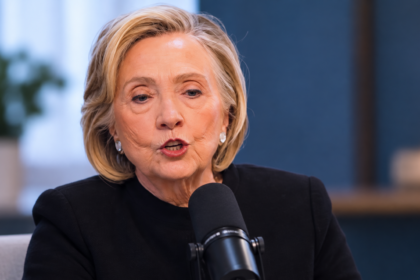 AI-generated illustration of Hillary Clinton speaking into a podcast microphone