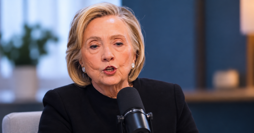 AI-generated illustration of Hillary Clinton speaking into a podcast microphone