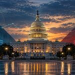 Editorial illustration of the U.S. Capitol with blue and red polling chart motifs for Votendi's October 13, 2026, midterm analysis.