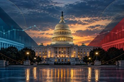 Editorial illustration of the U.S. Capitol with blue and red polling chart motifs for Votendi's October 13, 2026, midterm analysis.