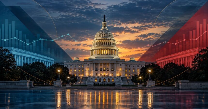 Editorial illustration of the U.S. Capitol with blue and red polling chart motifs for Votendi's October 13, 2026, midterm analysis.